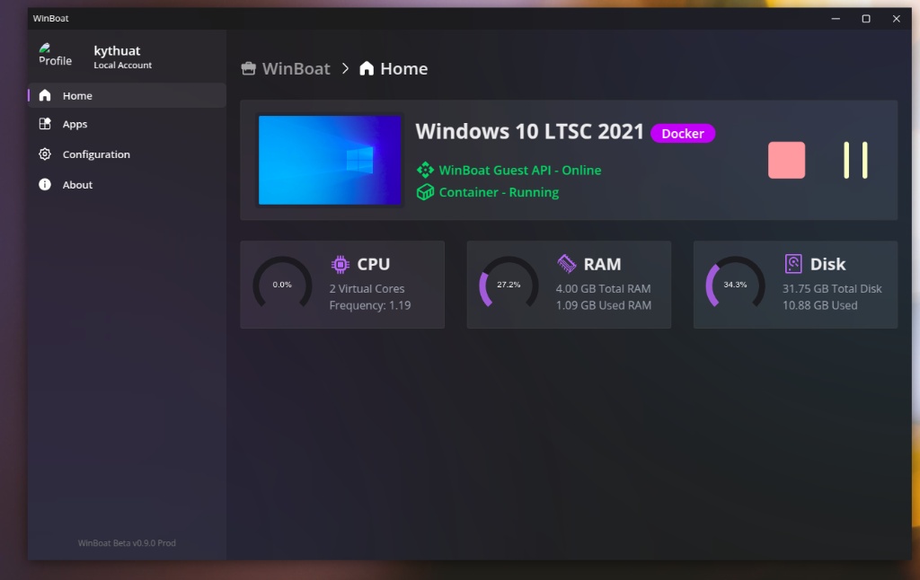 WinBoat Main Dashboard
